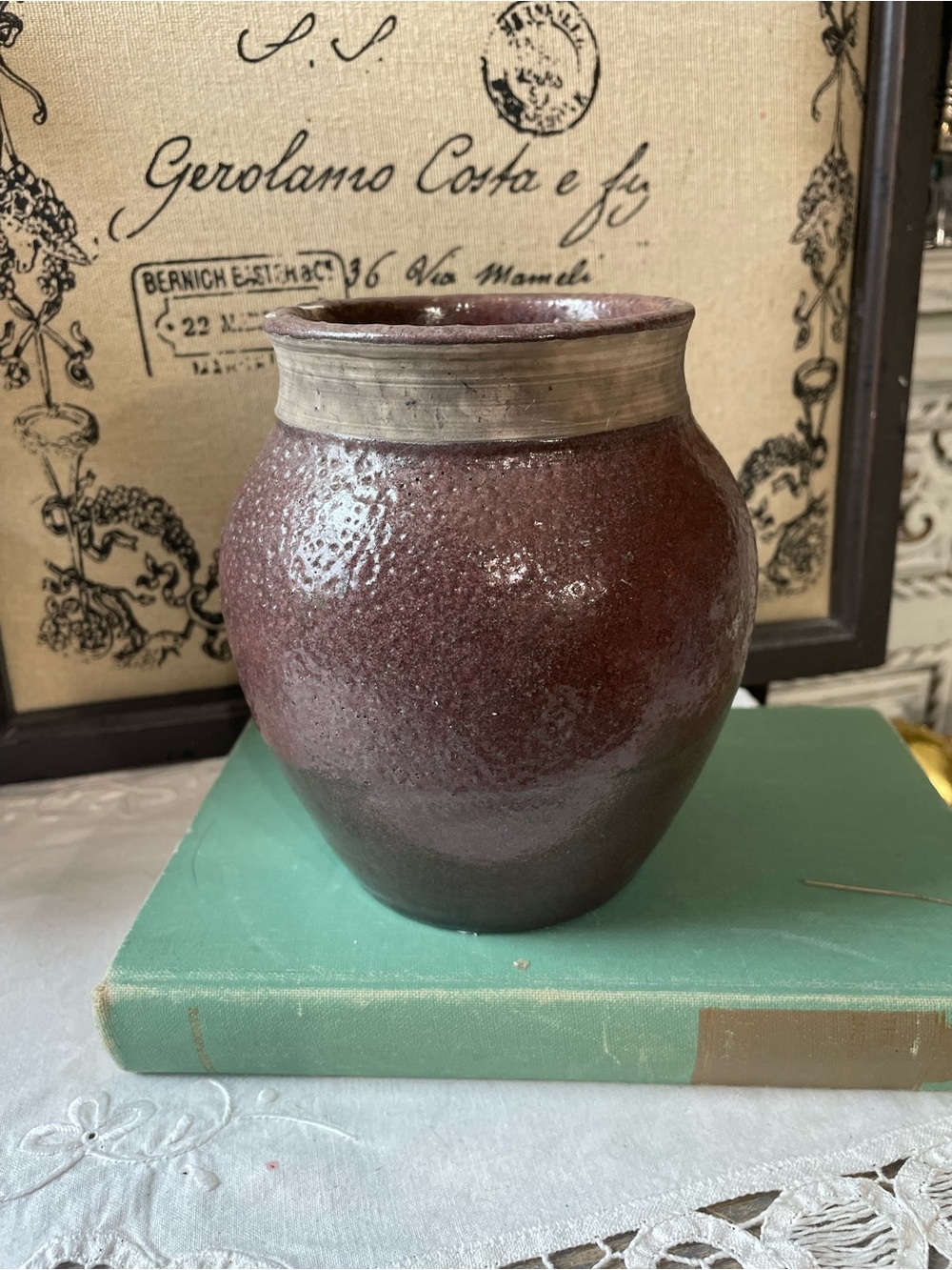 Vintage brown ceramic pottery vase signed farmhouse French country primitive